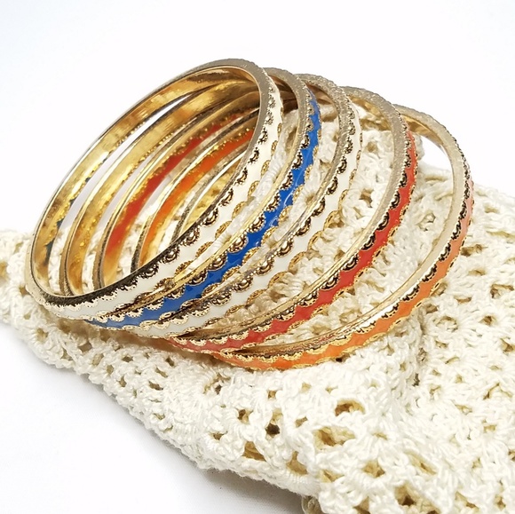 Set Five Orange Red Multicolored Stacking Bangles - Picture 4 of 8